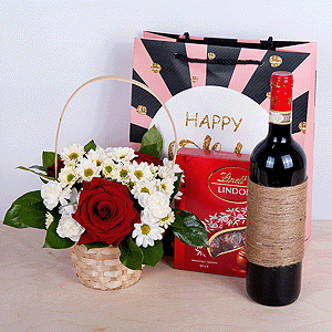 Red rose 50 cm - 7, Santini White Spray Chrysanthemum - 2, White spray carnation - 3, Small Basket, Oasis, Salal, Lindt Candy Box, Non-alcoholic champagne or wine
