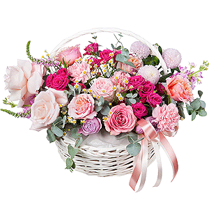 Matthiola Lilac - 1, Chamomile - 2, Bright pink spray rose mix, 50 cm - 4, Spray peony rose Lavander, 50 cm - 1, Momoko Chrysanthemum - 4, Pink carnation - 3, Rose Pink 50 cm Ecuador (Chelo, Hermosa, Novia, Titanik, Engagement, Pink Mondiale) - 10, Carnation white, cream - 2, Medium Basket, Oasis, Wrapping Paper, Ribbon, Eucalyptus Cinerea, Veronica spray