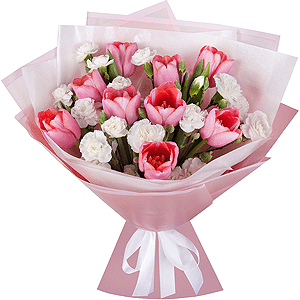 Тюльпан розовый - 17, Гвоздика кустовая белая - 9, Современная упаковка