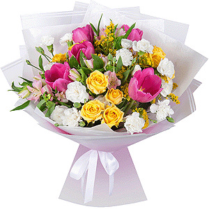 Pink tulip - 7, Spray rose: yellow, orange 50 cm - 3, Alstromeria white, soft pink - 4, White spray carnation - 5, Solidago (1 pc.), Wrapping Paper
