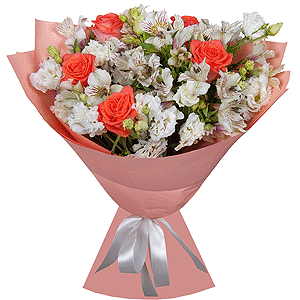 Pink rose 50 cm - 7, Alstromeria white, soft pink - 9, lisianthus - 3, Wrapping Paper