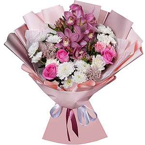 Baltica White Spray Chrysanthemum - 4, Bright pink spray rose mix, 50 cm - 2, Pink rose 50 cm - 3, Alstromeria white, soft pink - 5, Carnation white, cream - 3, Pink Cymbidium Orchid Bud - 7, Wrapping Paper