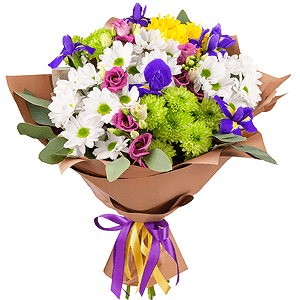 Irises - 7, Pink Lisianthus (Eustoma) - 4, Bacardi White Spray Chrysanthemum - 3, Athos pom Feeling Green - 3, Bacardi Yellow Spray Chrysanthemum - 2, Eucalyptus populus (1 pc.), Wrapping Paper, Ribbon