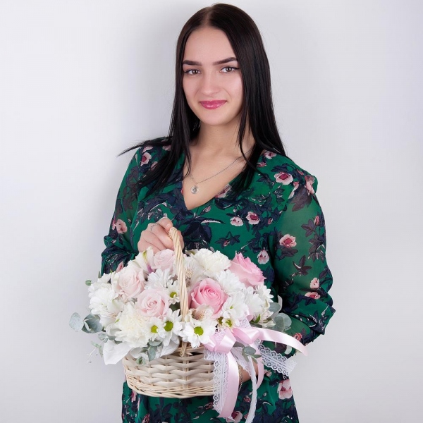 Pink rose 50 cm - 8, Carnation white, cream - 5, Alstromeria white, soft pink - 4, Bacardi White Spray Chrysanthemum - 4, Small Basket, Oasis, Eucalyptus Cinerea, Wrapping Paper