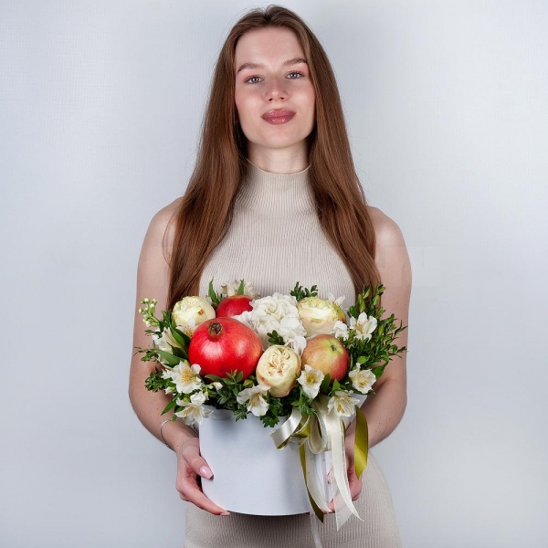 Peony style roses - 3,  White Hydrangea - 1, Alstromeria white, soft pink - 9, White Matthiola - 1, Pistachio, Apple, 1 pc., Pomegranate, Round flower box medium, Oasis, Ribbon, Wooden skewer