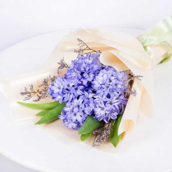 Blue Hyacinth - 9, Limonium (1 pc.), Wrapping Paper, Ribbon