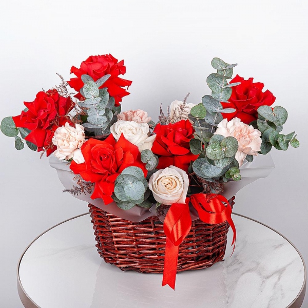 Rose Red 50 cm Ecuador - 7, Peony style roses - 3, Pink carnation - 9, Small Basket, Oasis, Eucalyptus, Asparagus umbelatus (1 pc.), Wrapping Paper