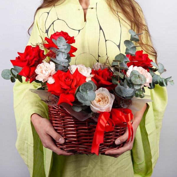 Rose Red 50 cm Ecuador - 7, Peony style roses - 3, Pink carnation - 9, Small Basket, Oasis, Eucalyptus, Asparagus umbelatus (1 pc.), Wrapping Paper