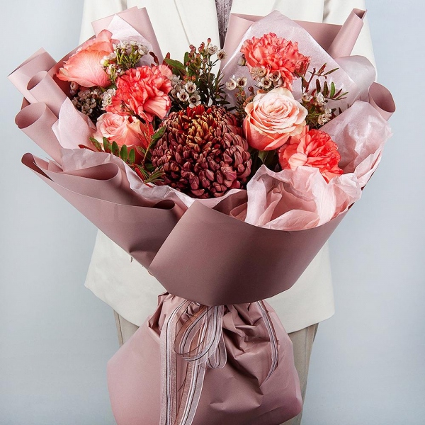 Chrysanthemum Bigoudi purple - 1, Peony rose Kahala 50 cm - 3, Orange carnation - 5, Waxflower (1 pc.), Pistachio, Wrapping Paper