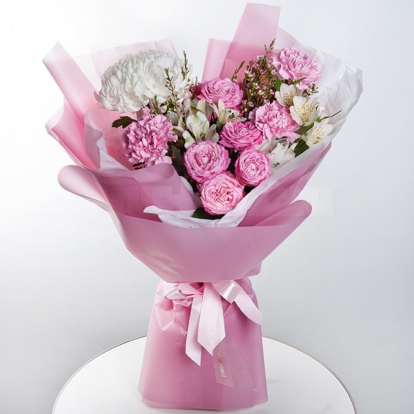 Chrysanthemum white Bigoudi - 1, Peony sprayrose - 2, Pink carnation - 5, Alstromeria white, soft pink - 4, Waxflower (1 pc.), Wrapping Paper