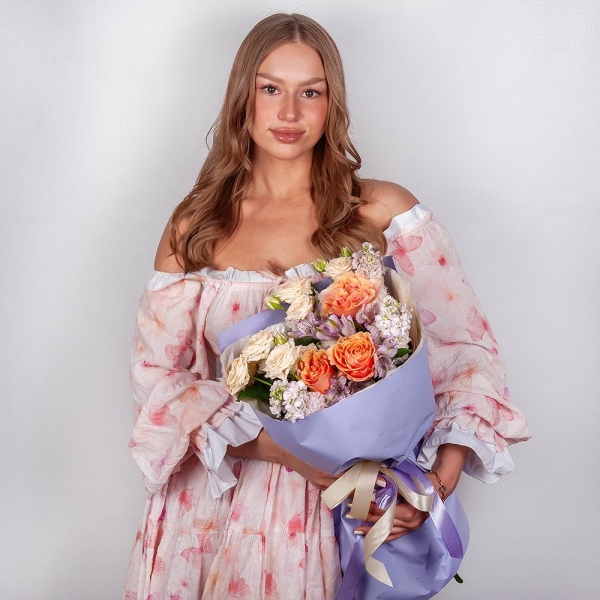 Pink-orange rose Phoenix 50 cm - 3, Spray rose: white, cream, light pink 50 cm - 2, Alstromeria lilac, purple - 11, Matthiola Lilac - 3, Baltica White Spray Chrysanthemum - 1, Wrapping Paper