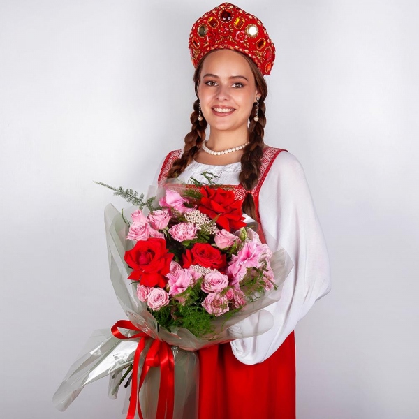 Red rose Nina 50 cm - 5, Spray rose: white, cream, light pink 50 cm - 4, Pink Gladiolus - 3, Pink Lisianthus (Eustoma) - 3, Pink carnation - 3, Ozotamnus, Asparagus setaceus (1 pc.), Wrapping Paper