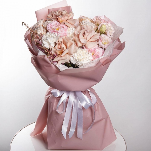 Rose Pink 50 cm Ecuador (Chelo, Hermosa, Novia, Titanik, Engagement, Pink Mondiale) - 5, Peony sprayrose - 2, Carnation white, cream - 5, Pink Lisianthus (Eustoma) - 2, Baltica White Spray Chrysanthemum - 1, Astilbe, Wrapping Paper