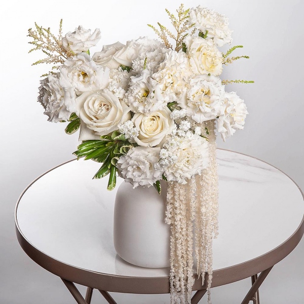 White rose 50 cm Ecuador - 5, Carnation white, cream - 5, lisianthus - 5, Gypsophila - 1, Salal, Astilbe, Amaranth stabilized, Ribbon