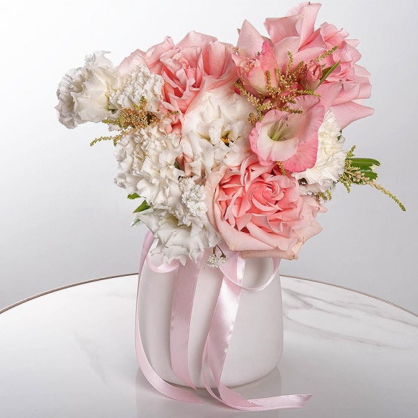 Rose Pink 50 cm Ecuador (Chelo, Hermosa, Novia, Titanik, Engagement, Pink Mondiale) - 5, Pink Gladiolus - 1, lisianthus - 3, Carnation white, cream - 5, Astilbe, Ribbon