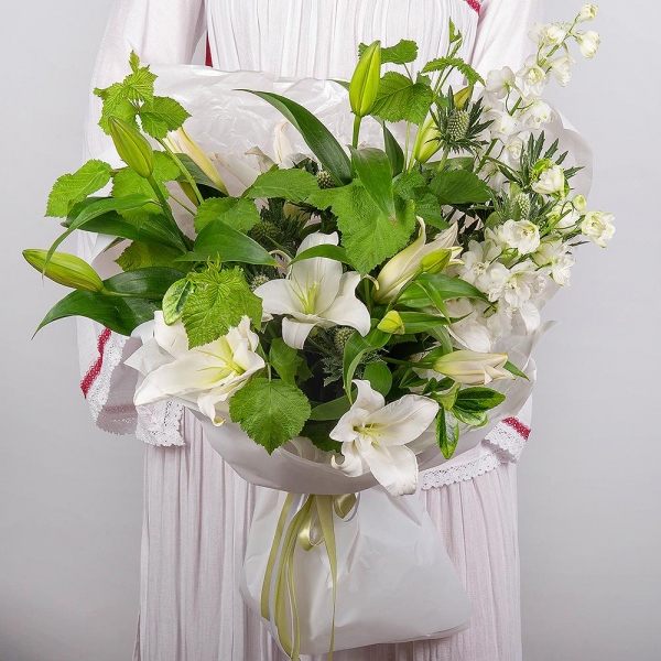Lilies - 2, Blue Delphinium, Eryngium, Pittosporum,  Raspberry branch, Wrapping Paper