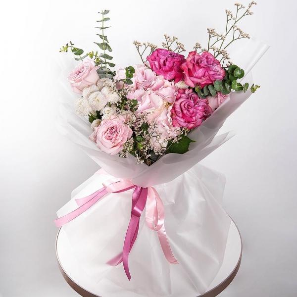 Peony rose pink 'OHara' - 2, Pink Hydrangea - 1, Newton White Spray Chrysanthemum - 5, Pink rose Country Blues 50 cm - 3, Eucalyptus, Limonium (1 pc.), Wrapping Paper, Wrapping Paper