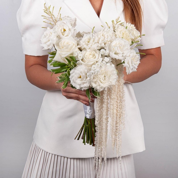 White rose 50 cm Ecuador - 7, Carnation white, cream - 7, lisianthus - 5, Gypsophila - 1, Salal, Astilbe, Amaranth stabilized, Ribbon