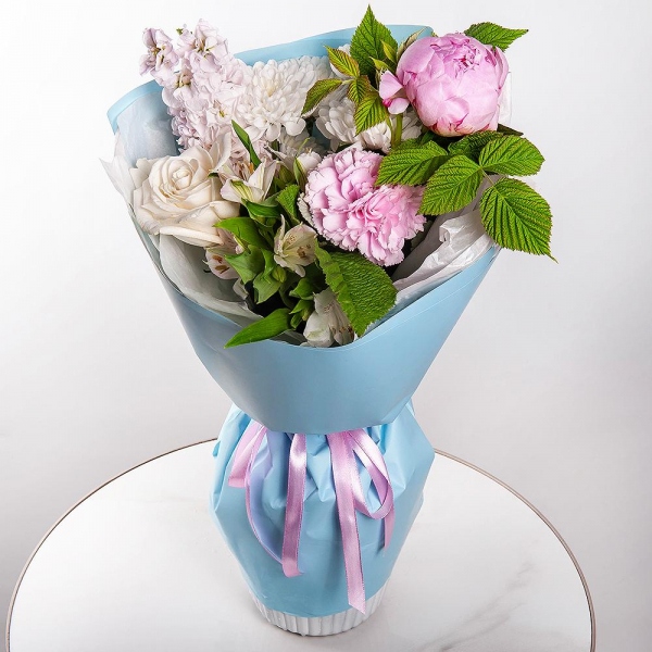 Peony pink - 1, Pink carnation - 3, White Matthiola - 1, Baltica White Spray Chrysanthemum - 1, Alstromeria white, soft pink - 3, White rose 50 cm Ecuador - 1,  Raspberry branch, Wrapping Paper