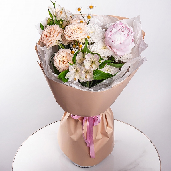 Peony pink - 1, Spray rose: white, cream, light pink 50 cm - 1, Alstromeria white, soft pink - 6, Chamomile - 1, Baltica White Spray Chrysanthemum - 1, Wrapping Paper