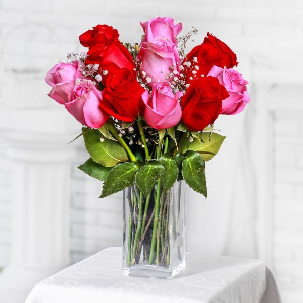 Gypsophila - 2, Pink rose 50 cm - 8, Red rose 50 cm - 7, Ribbon