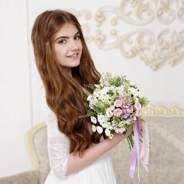 Bright pink spray rose mix, 50 cm - 7, Purple Lisianthus (Eustoma) - 6, Santini White Spray Chrysanthemum - 5, Green bell (1 pc.), Ribbon