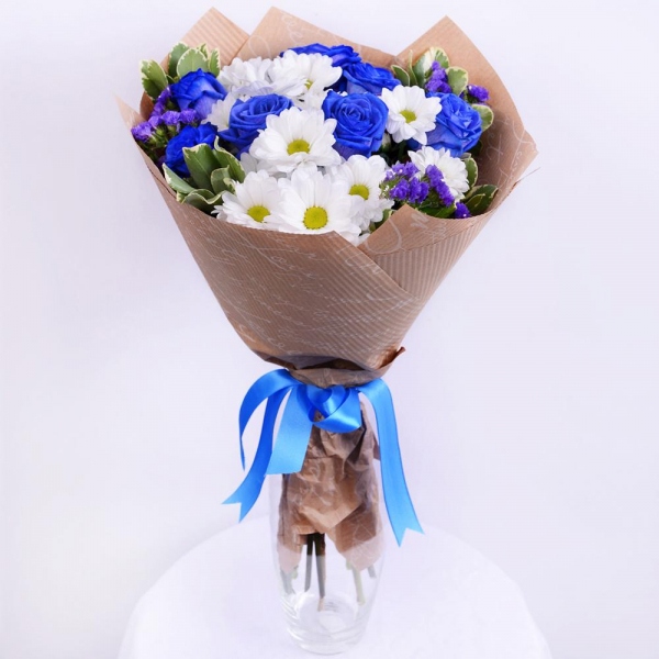 Rose blue - 9, Bacardi White Spray Chrysanthemum - 4, Pittosporum, Blue Statice, Wrapping Paper, Ribbon
