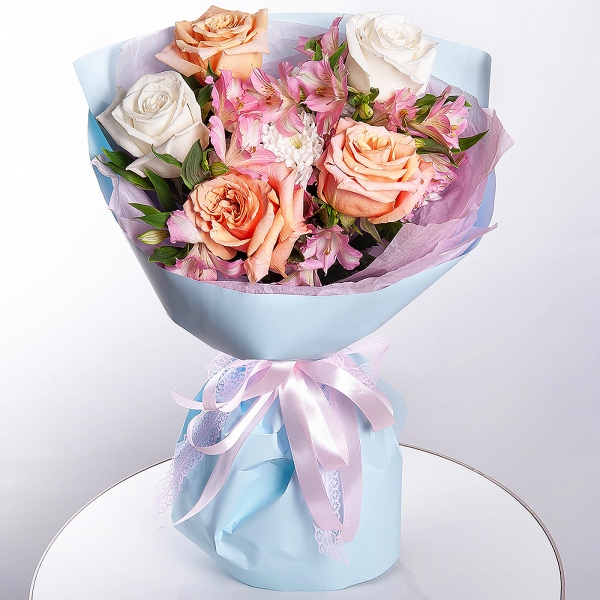 Pink-orange rose Phoenix 50 cm - 3, White rose 50 cm Ecuador - 2, Baltica White Spray Chrysanthemum - 1, Alstromeria white, soft pink - 7, Wrapping Paper