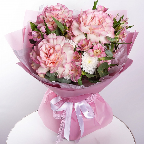 Rose Esperance - 7, Alstromeria white, soft pink - 5, Baltica White Spray Chrysanthemum - 2, Eucalyptus, Wrapping Paper