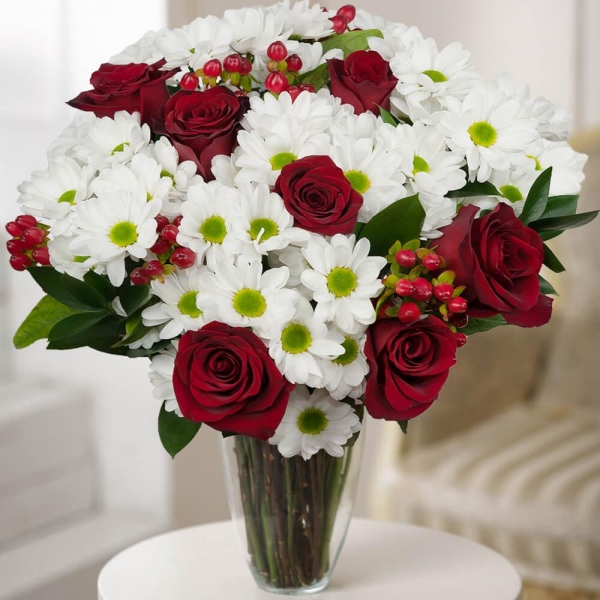 Bacardi White Spray Chrysanthemum - 6, Red rose 50 cm - 9, Hypericum, Ruscus, Wrapping Paper, Ribbon