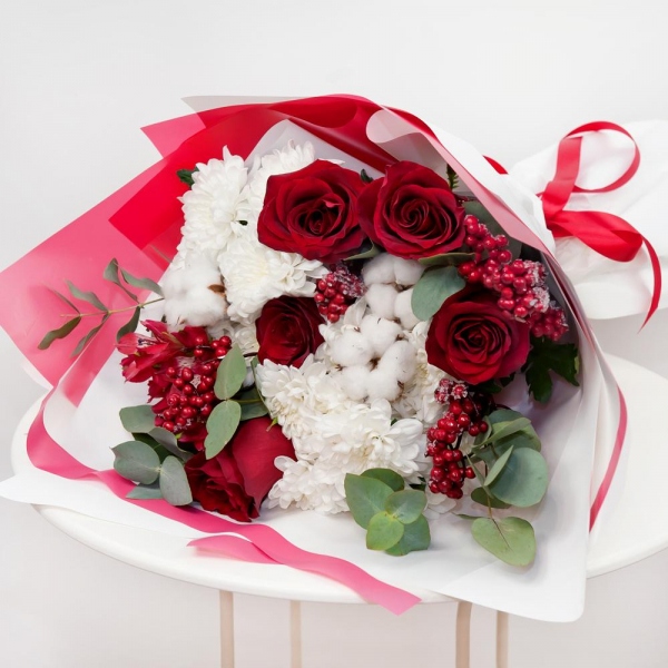 Baltica White Spray Chrysanthemum - 4, Red rose 50 cm - 7, Alstromeria Red, Bright Pink - 2, Cotton bud, Eucalyptus Cinerea, Decorative element medium, Wrapping Paper, Ribbon