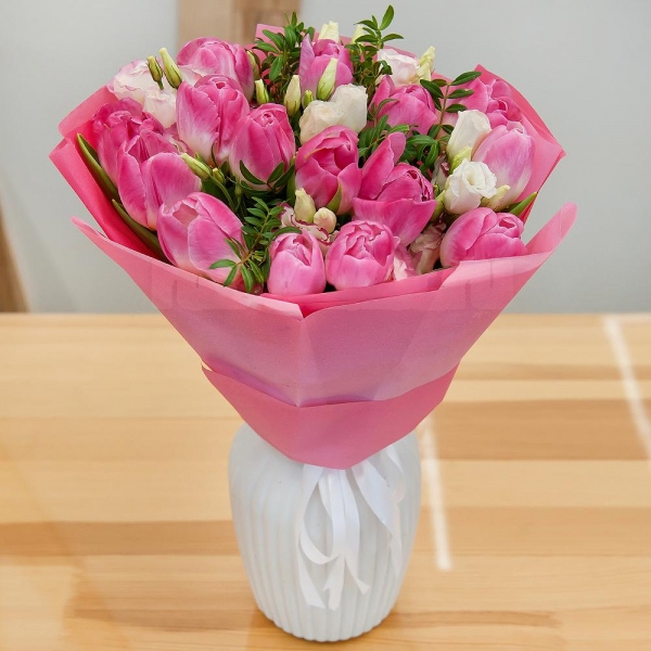 Pink Lisianthus (Eustoma) - 3, Pink tulip - 21, Pistachio, Wrapping Paper