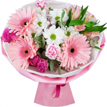 Gerbera daisies - 3, Bacardi White Spray Chrysanthemum - 1, Carnation spray - 2, Spray rose 50 cm (multiple small blooms on a stem) - 2, Alstromeria white, soft pink - 1, Eucalyptus Cinerea, Wrapping Paper, Ribbon