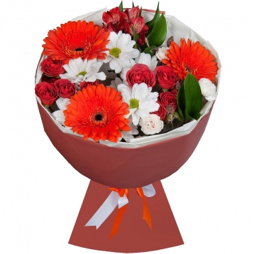 Gerbera daisies - 3, Bacardi White Spray Chrysanthemum - 1, Carnation spray - 2, Spray rose 50 cm (multiple small blooms on a stem) - 2, Alstromeria white, soft pink - 1, Eucalyptus Cinerea, Wrapping Paper, Ribbon