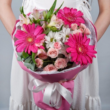 Gerbera daisies - 3, Bacardi White Spray Chrysanthemum - 1, Carnation spray - 2, Spray rose 50 cm (multiple small blooms on a stem) - 2, Alstromeria white, soft pink - 1, Eucalyptus Cinerea, Wrapping Paper, Ribbon