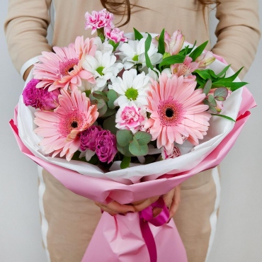 Gerbera daisies - 3, Bacardi White Spray Chrysanthemum - 1, Carnation spray - 2, Spray rose 50 cm (multiple small blooms on a stem) - 2, Alstromeria white, soft pink - 1, Eucalyptus Cinerea, Wrapping Paper, Ribbon