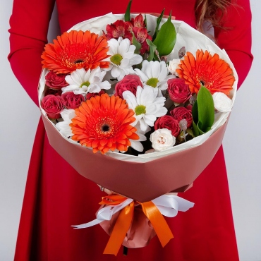 Gerbera daisies - 3, Bacardi White Spray Chrysanthemum - 1, Carnation spray - 2, Spray rose 50 cm (multiple small blooms on a stem) - 2, Alstromeria white, soft pink - 1, Eucalyptus Cinerea, Wrapping Paper, Ribbon