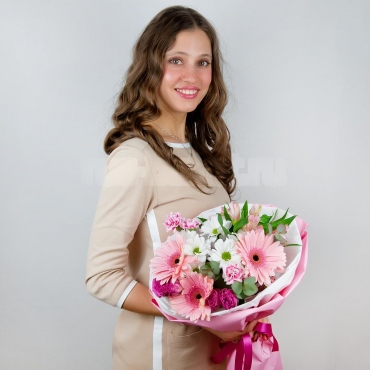 Gerbera daisies - 3, Bacardi White Spray Chrysanthemum - 1, Carnation spray - 2, Spray rose 50 cm (multiple small blooms on a stem) - 2, Alstromeria white, soft pink - 1, Eucalyptus Cinerea, Wrapping Paper, Ribbon
