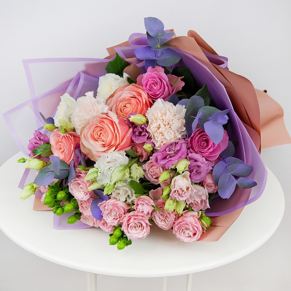Peony rose Kahala 50 cm - 5, Pink rose 50 cm - 3, lisianthus - 2, Bright pink spray rose mix, 50 cm - 3, Carnation white, cream - 3, White rose 50 cm - 3, Pink Lisianthus (Eustoma) - 2, Hypericum, Eucalyptus Cinerea, Wrapping Paper