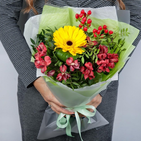 Sunflower - 1, Alstromeria Red, Bright Pink - 5, Hypericum, Salal, Wrapping Paper, Ribbon, Eucalyptus Cinerea