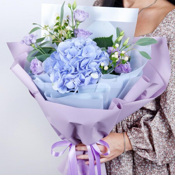 Blue/purple hydrangea - 1, Purple Lisianthus (Eustoma) - 4, Hypericum, Eucalyptus populus (1 pc.), Wrapping Paper