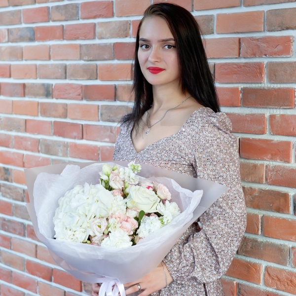 White Hydrangea - 1, Carnation white, cream - 3, Pink Lisianthus (Eustoma) - 3, White rose 50 cm - 3, White Matthiola - 3, Spray rose: white, cream, light pink 50 cm - 2, Wrapping Paper