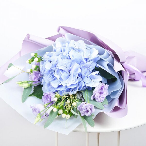 Blue/purple hydrangea - 3, Purple Lisianthus (Eustoma) - 4, Hypericum, Eucalyptus populus (1 pc.), Wrapping Paper