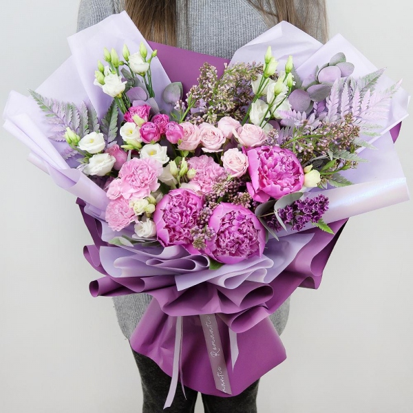 Peony pink - 5, Lilac Bush - 4, Pink carnation - 6, Peony sprayrose - 5, lisianthus - 4, Eucalyptus Cinerea, Wrapping Paper, Fern (1 pc.)