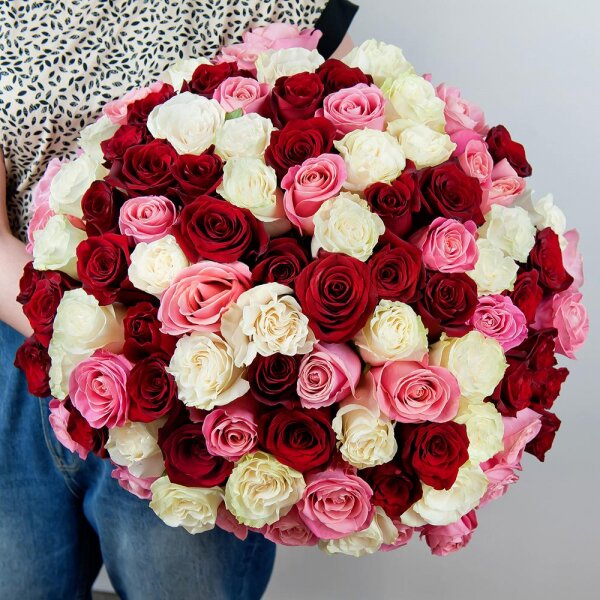 Red rose 70 cm Ecuador - 56, White rose 70 cm  (Ecuador) - 55, Pink rose 70 cm Ecuador  - 50, Ribbon
