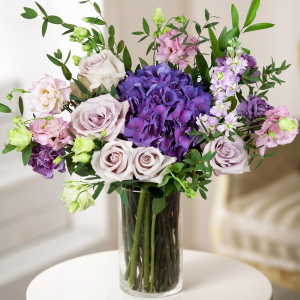 Blue/purple hydrangea - 2, Pink rose 50 cm - 7, Matthiola Lilac - 4, Lilac carnation - 6, Pink Lisianthus (Eustoma) - 5, Ruscus, Eucalyptus parvifolia (1 pc.), Wrapping Paper
