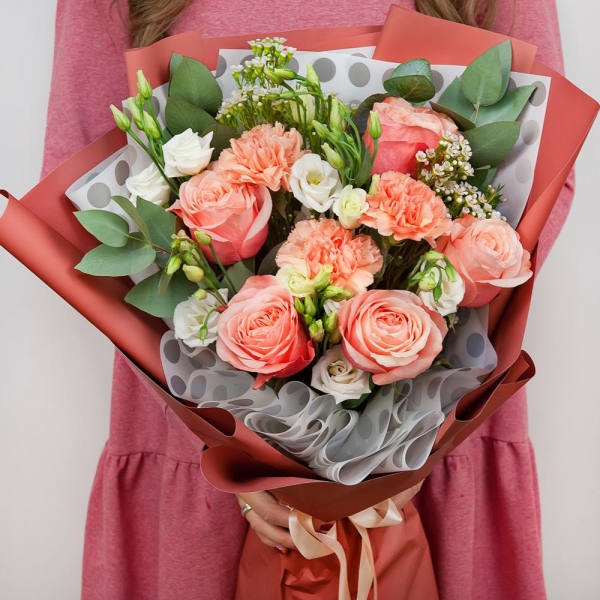 Peony rose Kahala 50 cm - 9, Pink carnation - 4, lisianthus - 5, Waxflower (1 pc.), Eucalyptus Cinerea, Wrapping Paper