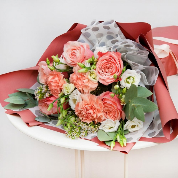 Peony rose Kahala 50 cm - 9, Pink carnation - 4, lisianthus - 5, Waxflower (1 pc.), Eucalyptus Cinerea, Wrapping Paper