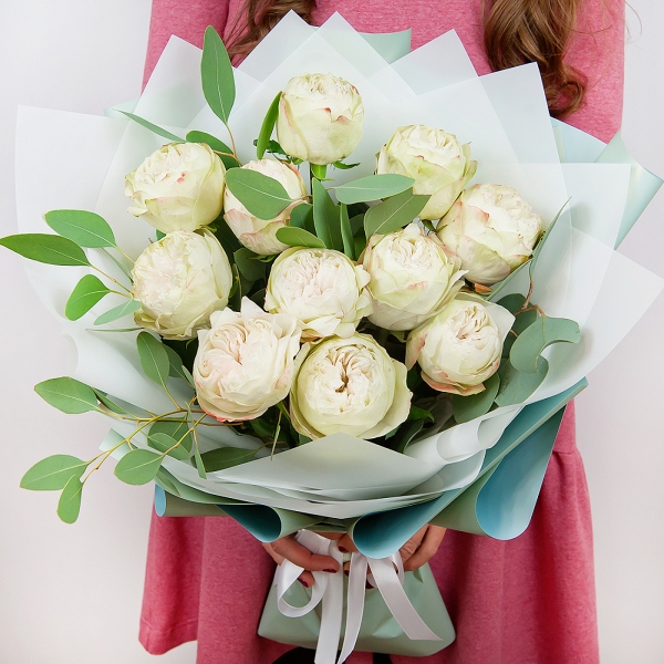 Peony style roses - 19, Eucalyptus parvifolia (1 pc.), Wrapping Paper, Ribbon