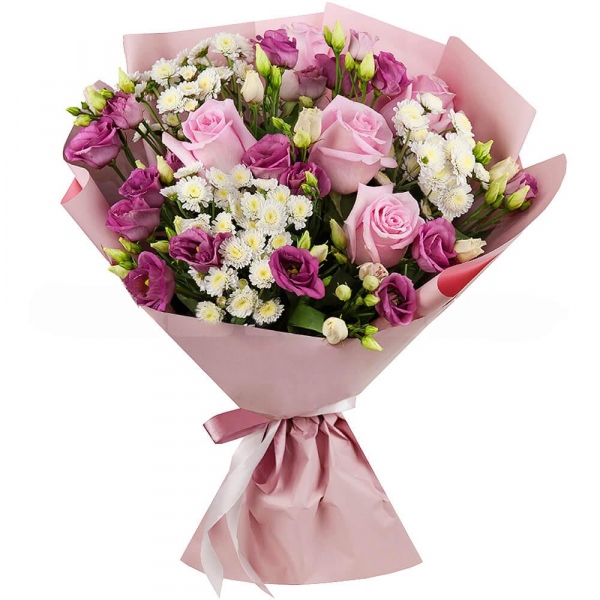 Baltica White Spray Chrysanthemum - 5, Pink Lisianthus (Eustoma) - 7, Pink rose 50 cm - 7, Wrapping Paper